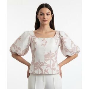 Ted Baker Floral Puff Sleeve Riverr Wide Neck Crop Size 5 Cream and Pink